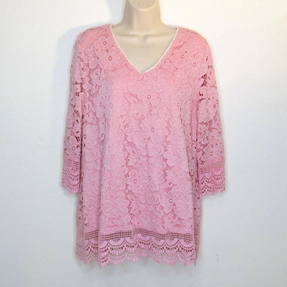 Investments Women's Solid Lace Pink Floral Blouse